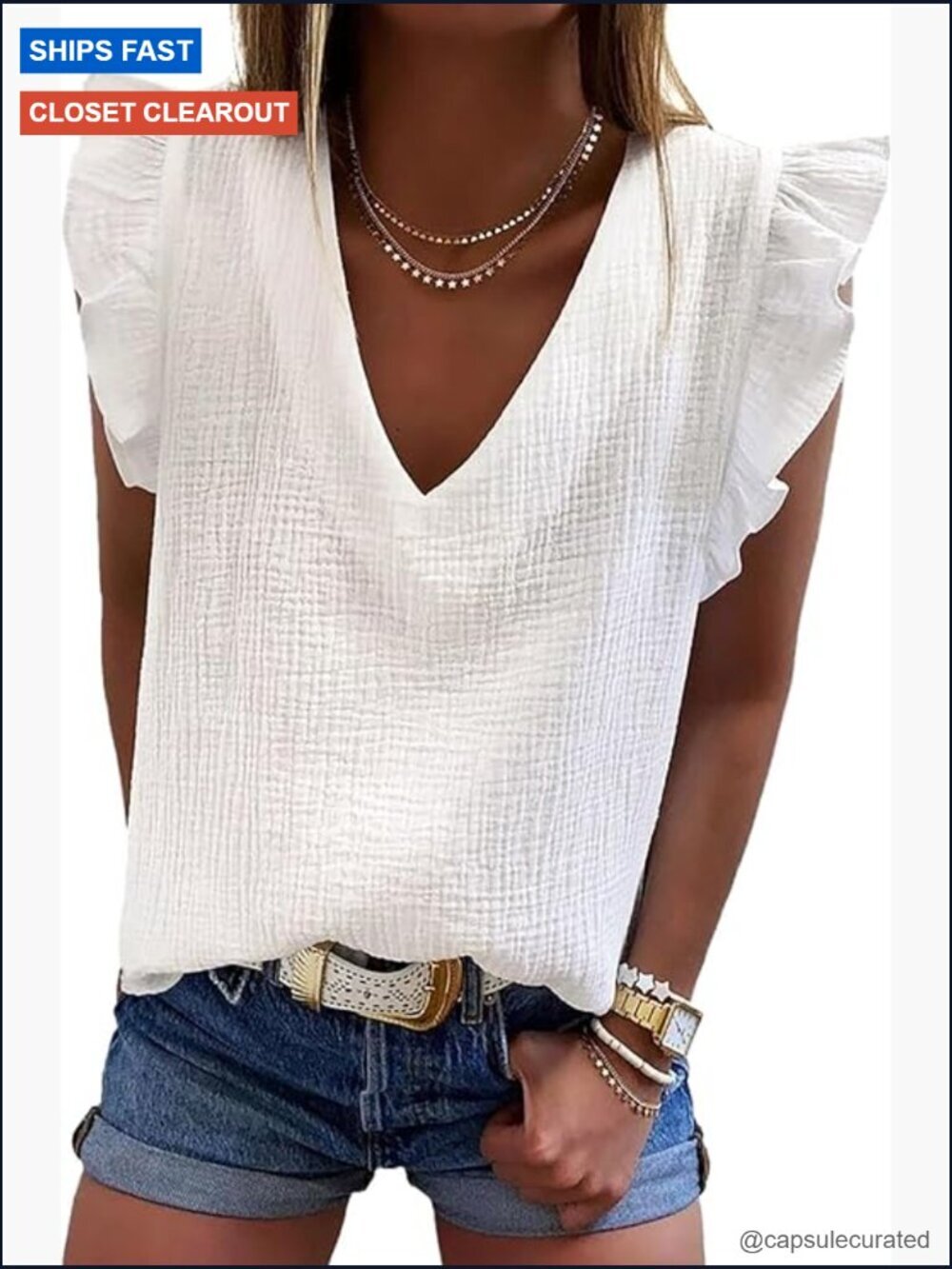 V Neck Ruffle Sleeveless Tank Top Blouse Cute Elegant